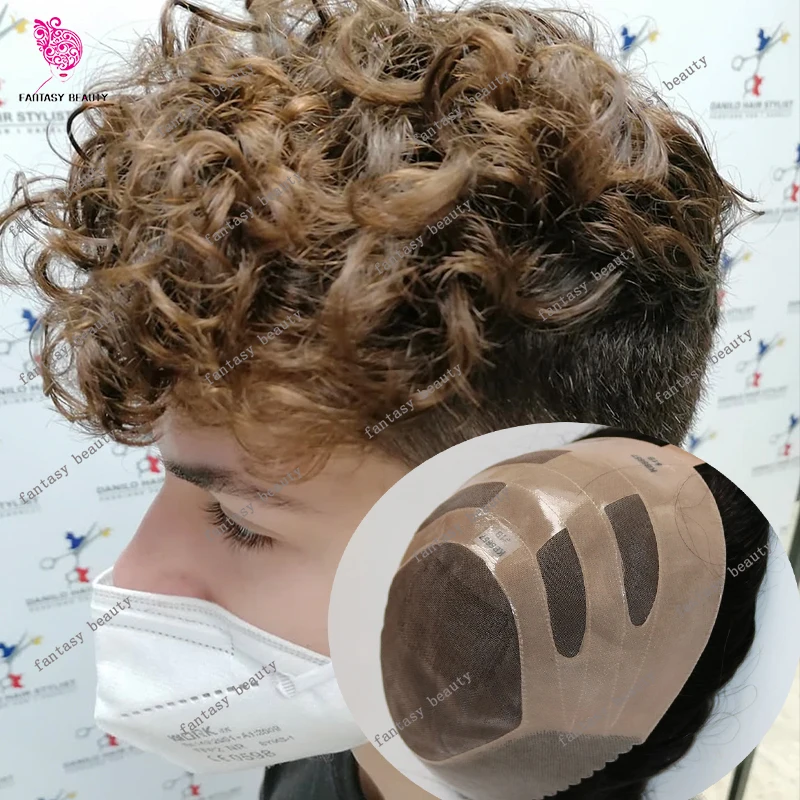 

28 мм Natura Curly Прочный NPU Bond Мужской парик Дышащий комфортный кружевной и искусственный парик 100% светлые человеческие волосы Система протезов из натуральных волос