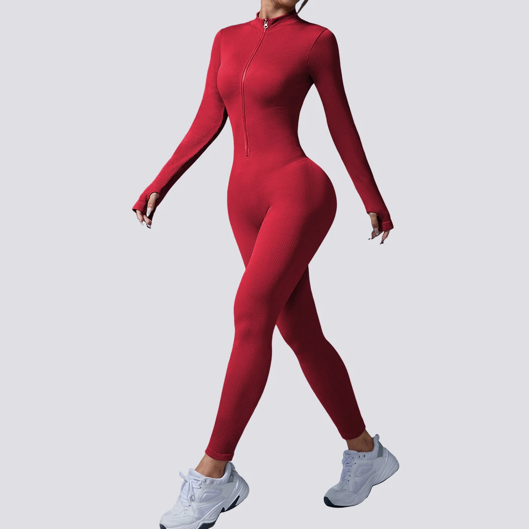 

New Women Striped Zipper Gym Jumpsuits Long Sleeve Training Yoga Fitness Suits Athletic Knitted Workout Sports Rompers Outdoor
