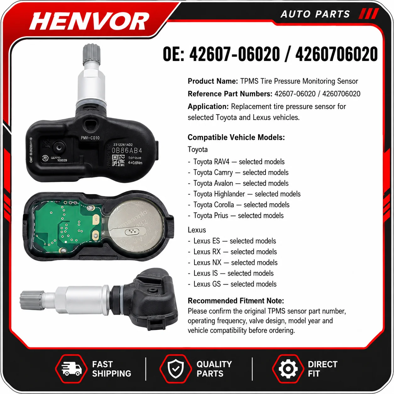 42607-06020 4260706020 TPMS Tire Pressure Sensor for Toyota RAV4 Lexus Tire Pressure Monitoring System