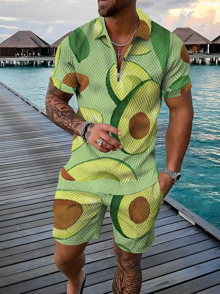 Summer 3D tropical fruits Print Men Polo Set Zipper Lapel Polo Sets Zipper Collar And Shorts 2pcs Sets Holiday style Man clothes