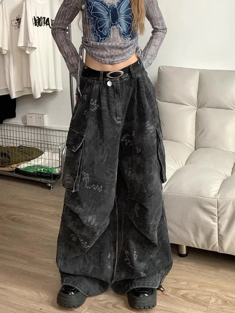 

Vintage Camouflage Cargo Jeans Women Streetwear Print Loose Casual Wide Leg Denim Pants American Retro Pocket High Waist Trouser