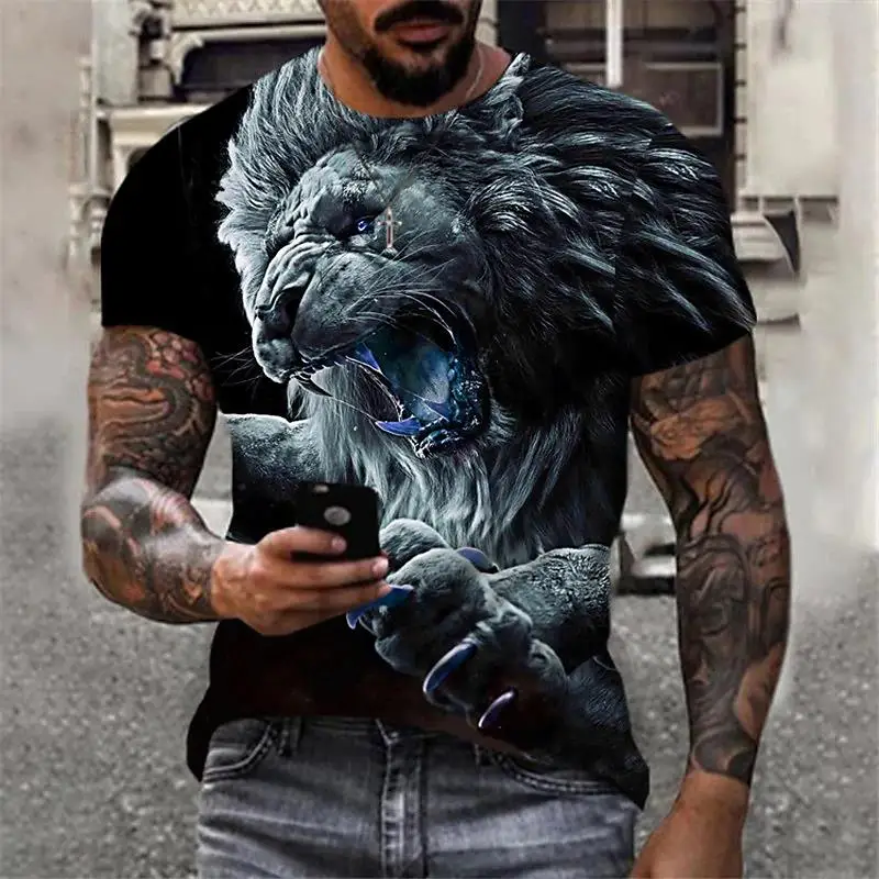 Animal T-Shirt for Men Short Lion/Tiger Print Tops Vintage Clothes Harajuku Casual Tees Oversized Summer T-Shirt Male Sweatshirt