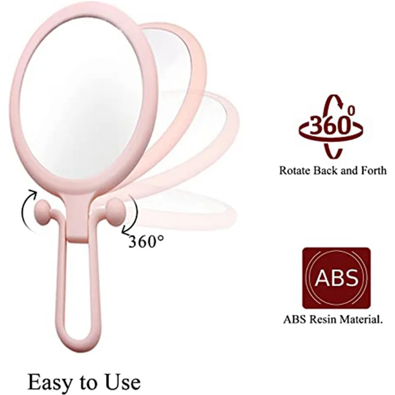 L73A 2025-10X Handheld Magnifier, Double Sided Folding Makeup Mirror, Portable Handheld Mirror With Adjustable Handle(Pink)