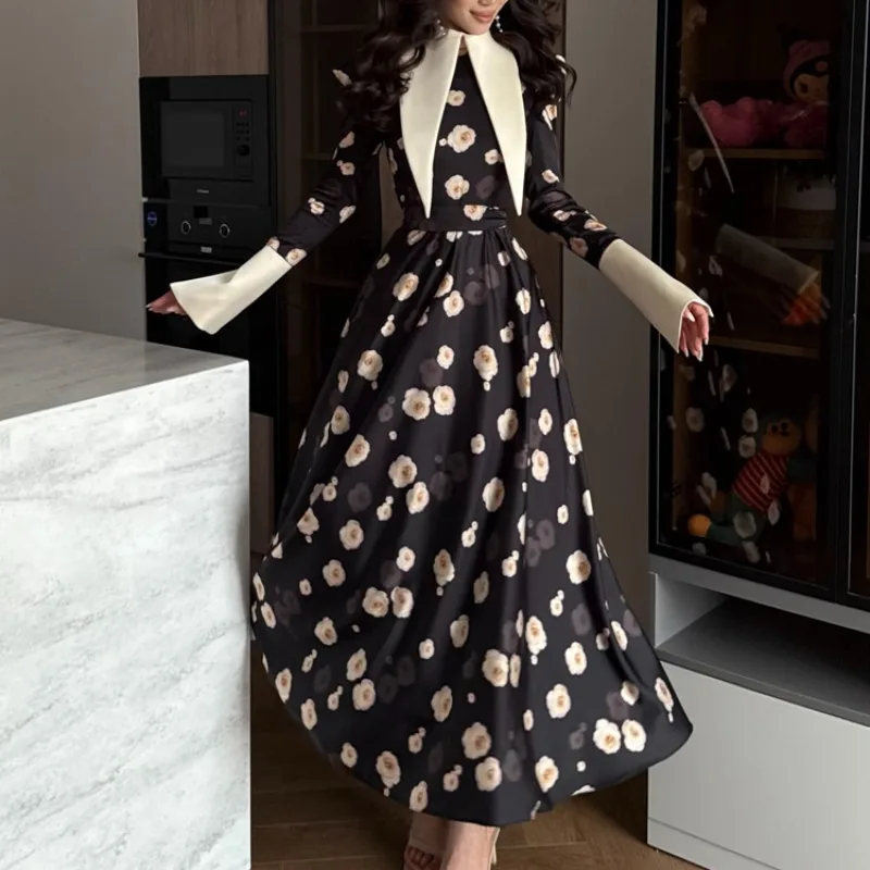 Elegante Vestido Midi de Satén Floral para Otoño, Vestido Largo de Noche para Invitadas de Boda, con Hombros Caídos, Manga Larga, Cintura Alta y Corte en A