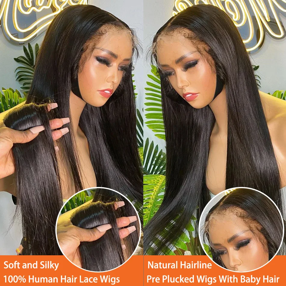 Lace frontal reta peruca de cabelo humano para mulheres, linha fina natural, densidade de 250%, nós branqueados reais, pré-arrancados, 13x4