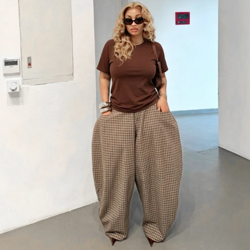 Lantern Pants 2026 Neue Afrikanische Mode Karierte Bedruckte Hochgeschnittene Gerüschte Weite Baggy-Hose mit Bündchen Haremshose Locker Sitzende Damenhose