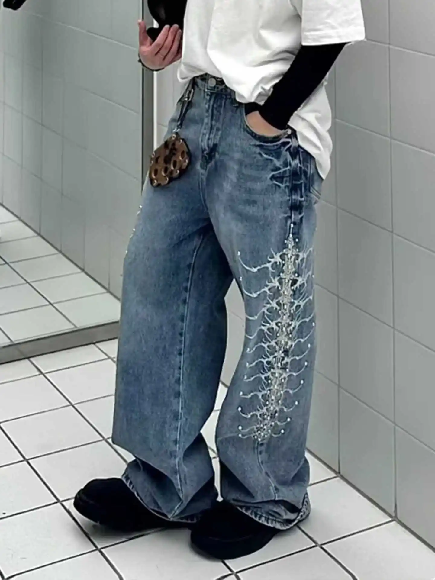 

Синие женские джинсы с высокой талией, винтажные прямые летние классические джинсовые брюки Y2K, уличная одежда, американские широкие мешковатые джинсовые брюки