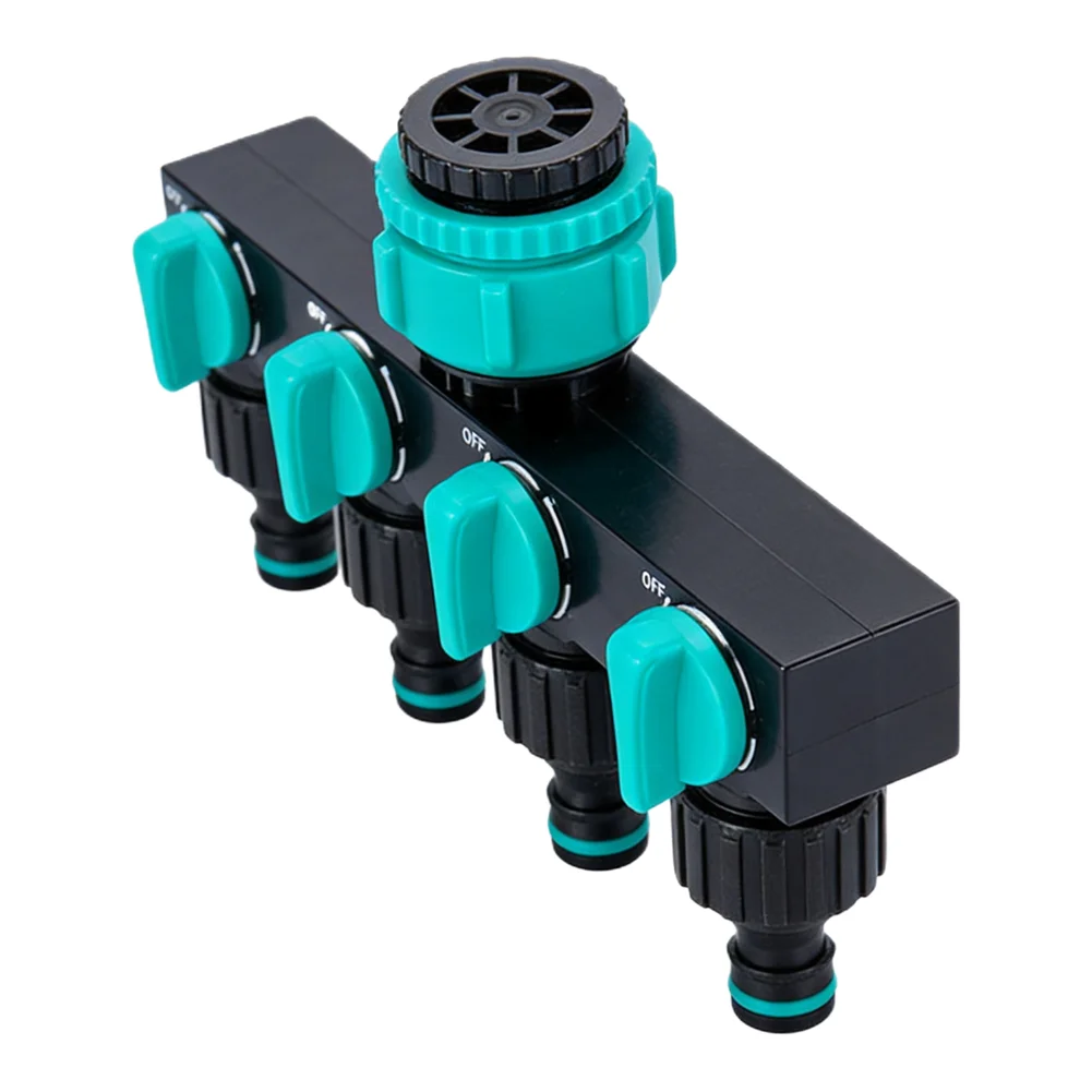 Four Way ABS Hose Distributor with Individual On Off Switches for 1 3/4 1/2 Inch Garden Hoses Quick Connect Fit