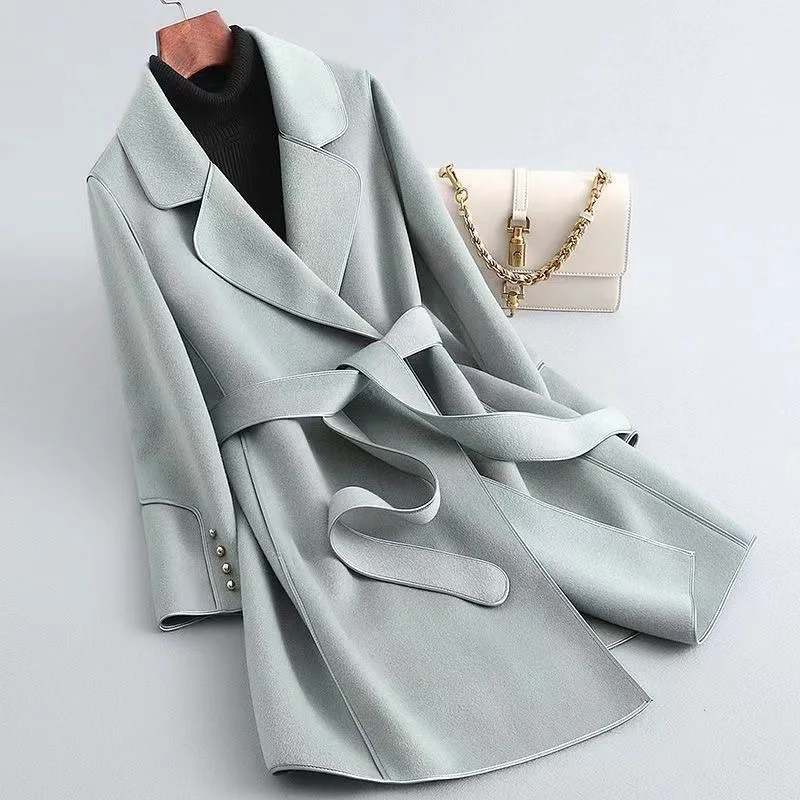 

Autumn Mid-length Wool Coat Women's Belt Luxury Designer Clothing Trench Coat Tweed Jacket Long Sleeves Office Ladies Outerwear