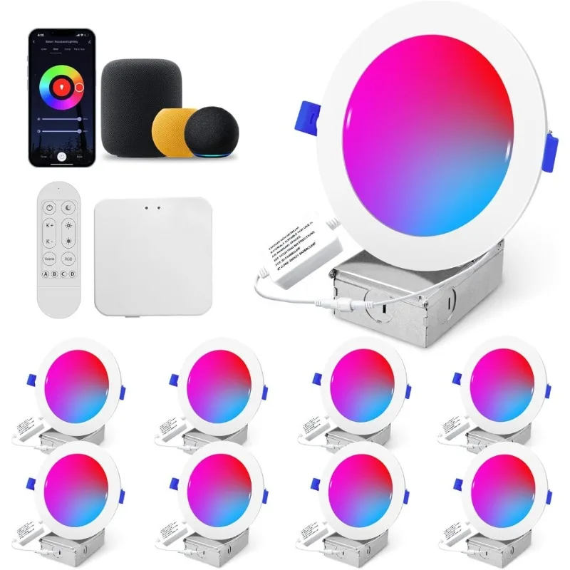 

Smart Recessed Downlight RGB WiFi Bluetooth Ceiling Light with Mesh Gateway 13W 1100LM 93CRI Remote App Voice Control 6 Inch