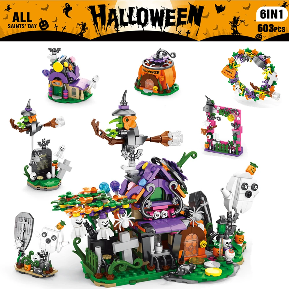 Halloween Horror Haunted House Ghost Train 6-In-1 Building Blocks Bricks DIY Decoration Desktop Ornament Children's Toys