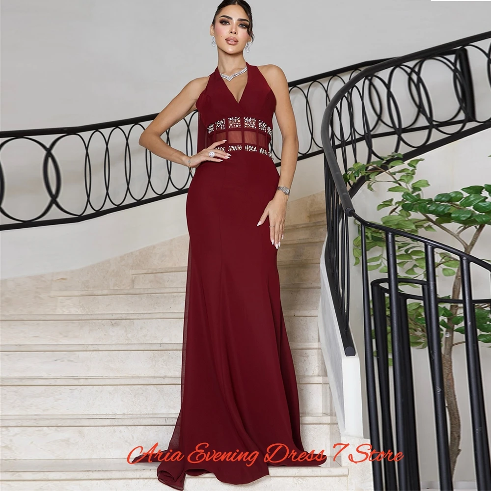 Vestidos De Noche sencillos De gasa color Burdeos, Vestido largo De sirena con cuello en V para graduación, Vestido De fiesta Watteau De cristal De alta calidad