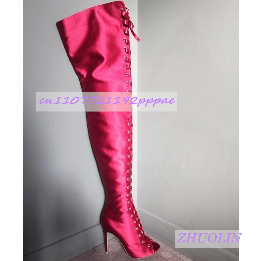 Red Satin Criss-Cross Strap Sandals Boots Women'S Open-Toe Stiletto Over-The-Knee Boots Fashion Luxury Evening Dress High Heels