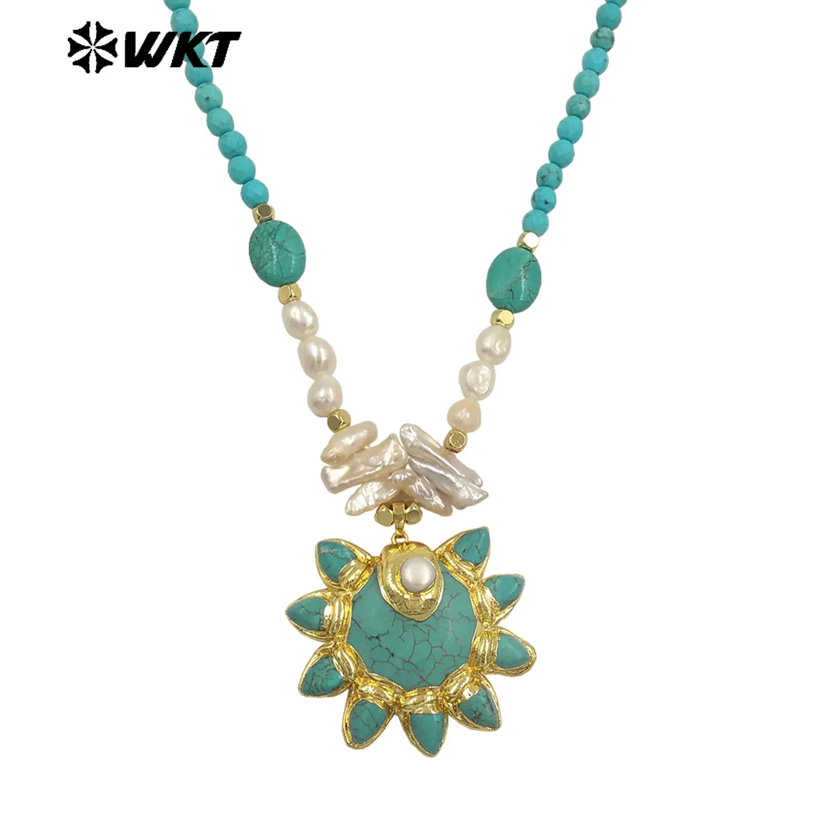 WT-JN371 Amazing Vintage Style Gold Plated Stone And Pearl Splicing Chain With Turquoise Pendant Necklace For Party Wearing