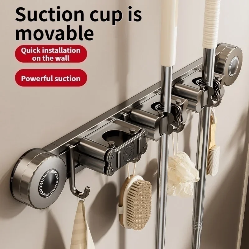 No Drill Aluminum Wall Mop Holder Suction Cup Mop Clamp Multi Hooks Bathroom Cleaning Rack