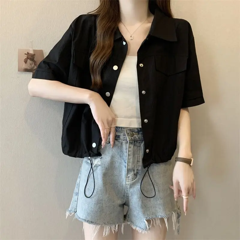

​Women's 2026 Summer New Arrival Short Sleeve Workwear Shirt Lightweight Drawstring Loose Fit Casual Slimming Trendy Top​