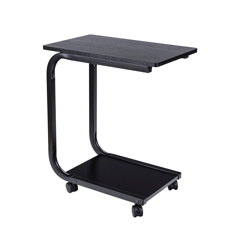 C shaped black wood metal stand portable laptop modern coffee end side table with castor for living room sofa and bedroom