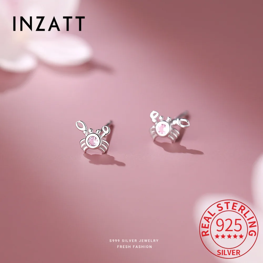

INZATT Real 925 Sterling Silver Pink Zircon Crab Mini Stud Earrings for Women Cute Animal Fine Jewelry Minimalist Accessories