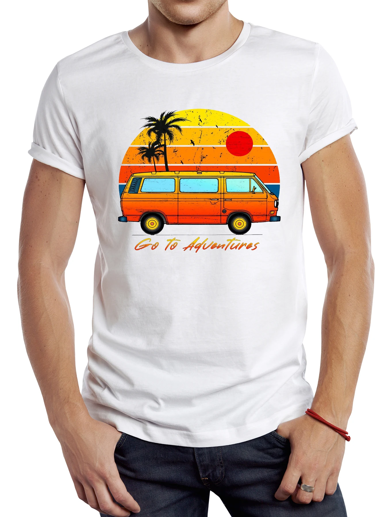 

FPACE Vintage Sunset Beach Camper Van Men T Shirt Go To Adventure Casual Male Tops Hipster Retro Camping Bus Printed Tee