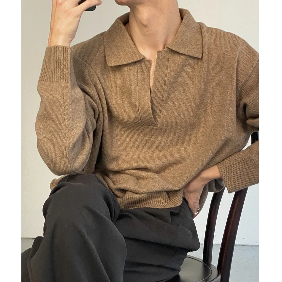 

Мужской винтажный свитер с воротником-поло, новинка осени-зимы 2025 года, повседневный ленивый трикотаж, хаки-серый