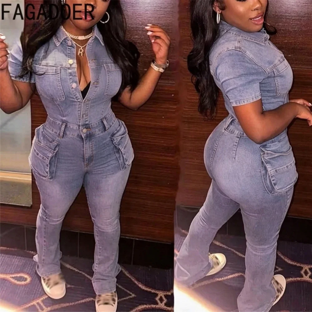 FAGADOER Blue Denim Jumpsuits Women Fashion Short Sleeve Lapel Cargo Pocket Stretchy Bodycon One Pieces Jeans Overall Streetwear