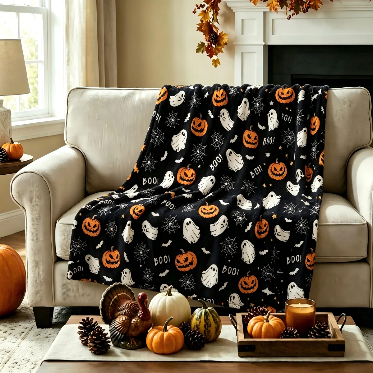 1pc Ghost Pumpkin Skull Cobweb Boo Blanket for Couch Bed Gifts Halloween X-mas Flannel Blankets Festival Gifts Four Season Use