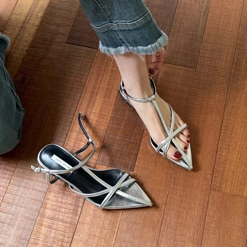 SUOJIALUN 2024 Summer New  Brand Women Sandal Fashion Narrow Band Ladies Elegant Dress Gladiator Shoes Pointed Toe Outdoor Slide