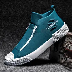 High Top Brand Mens Canvas Shoes Autumn New Lazy Zipper Mens Casual Flat Sneakers Korean Version Breathable Trendy Shoes Men