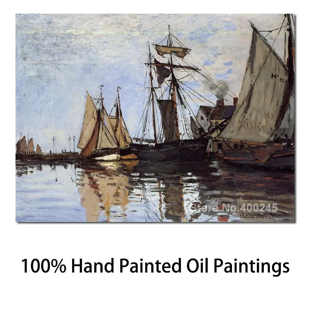 

Oil Painting Room Decor Boats in The Port of Honfleur by Claude Monet Landscape Art Handmade High Quality