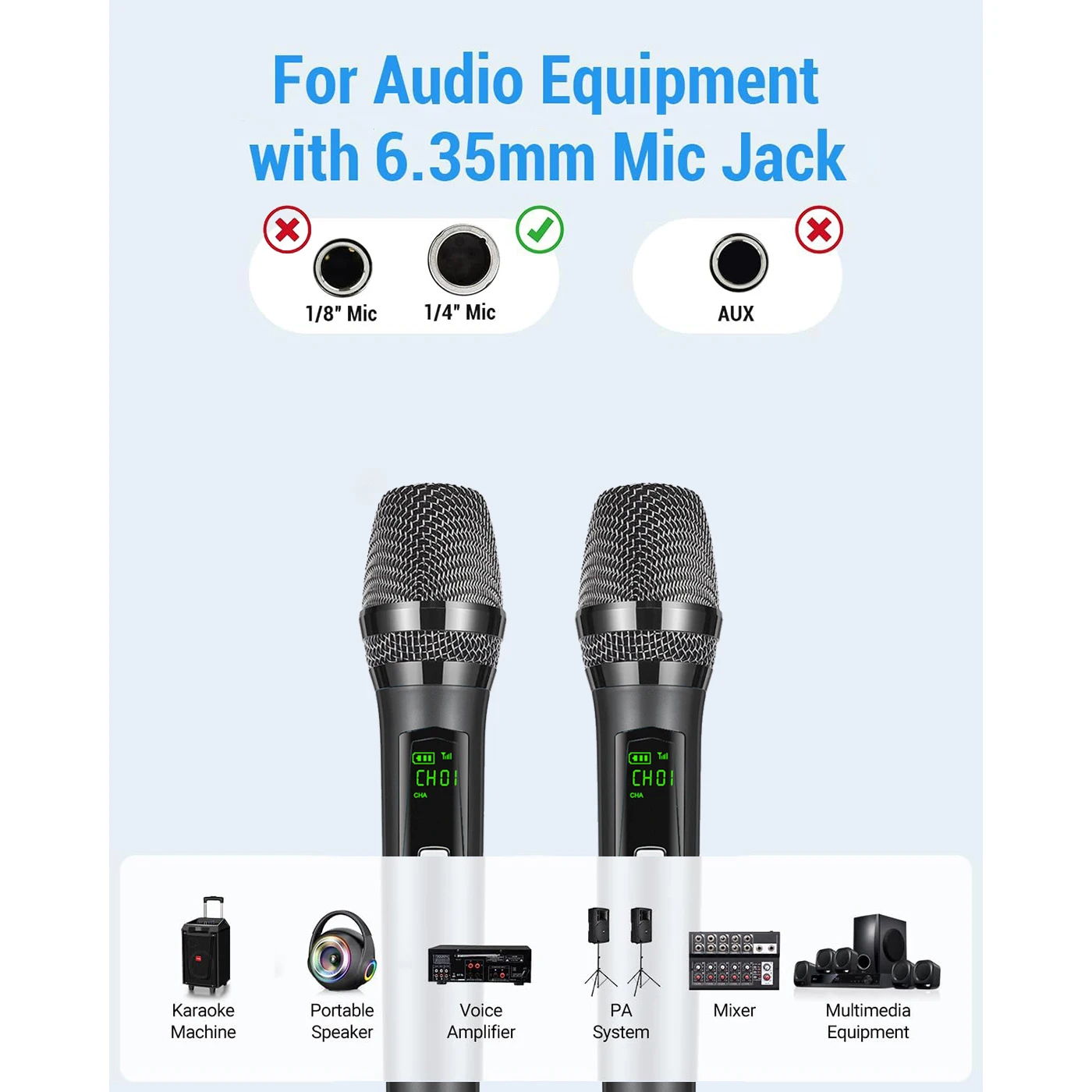 Sistema microfono dinamico Wireless portatile con 3 batterie ricaricabili per microfono ricaricabile per canto vocale