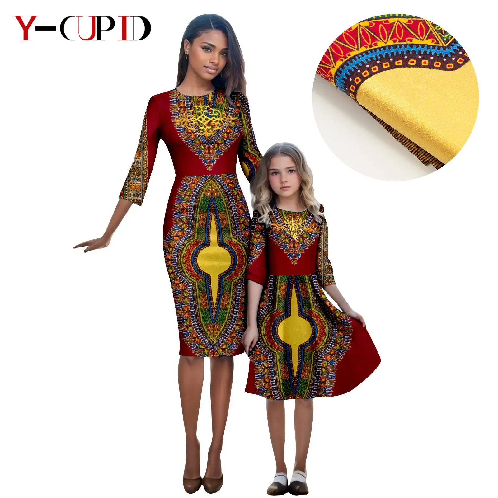 

African Print Dresses for Women and Girls Dashiki Mother Shimmering Outfits Matching Daughter Dress Bazin Family Clothes 24F5001