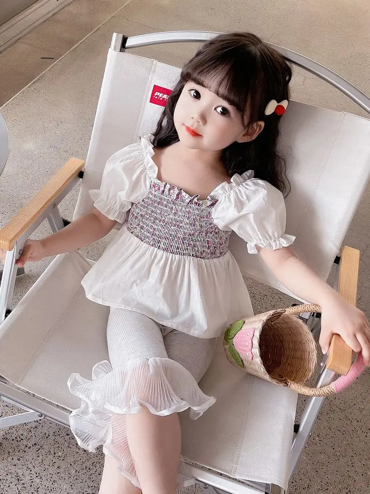 

Girls' Trendy Short Sleeve Suit Summer New Lace Flared Leggings Children's Puff Sleeve Two-Piece Set