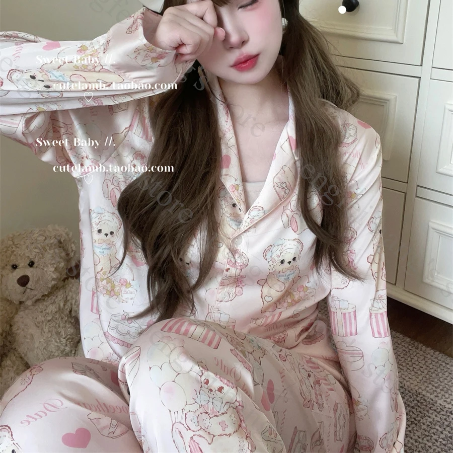 Print Cartoon Two Piece Pajamas Set Summer Rayon Home Clothes Sweet Princess Top&pants Long Sleeve Trousers Suit 2Pcs Pijamas