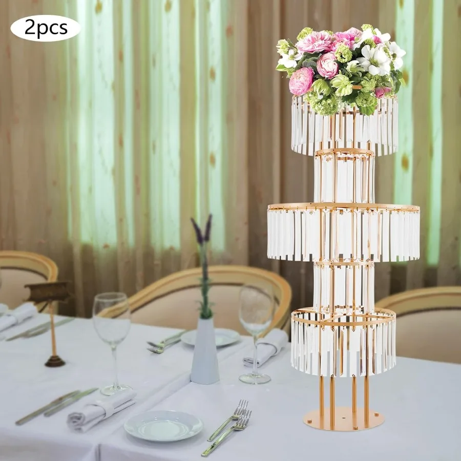 2 قطعة حامل زهور مستدير ذهبي 43.3 بوصة 5 طبقات مع مزهرية كريستالية لتزيين حفلات الزفاف وأعياد الميلاد عرض قاعدة أنيقة