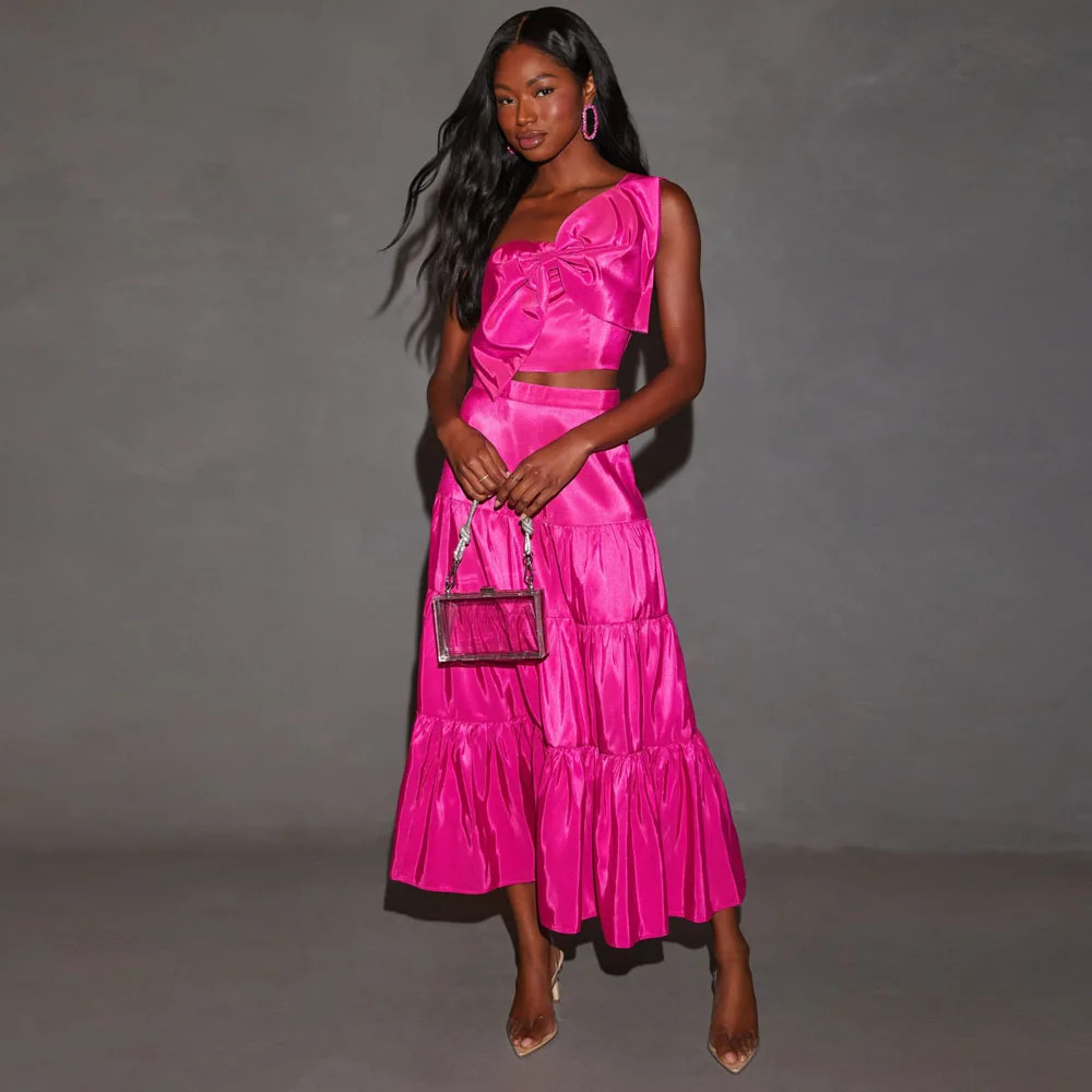 Hot Pink Knee Length SatinWomen Skirts With Bright Line Details Zipper Waistband A-line Satin Maxi Skirt