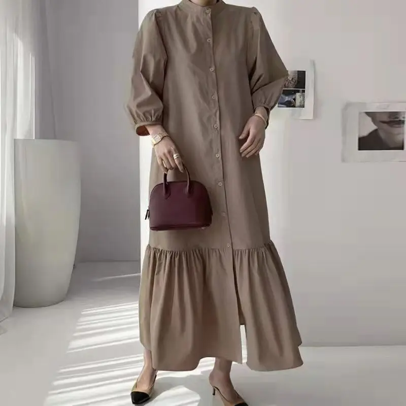 Muslim fashion new women's clothing Japanese standing collar seven quarter sleeve cardigan loose fish tail A-line long skirt