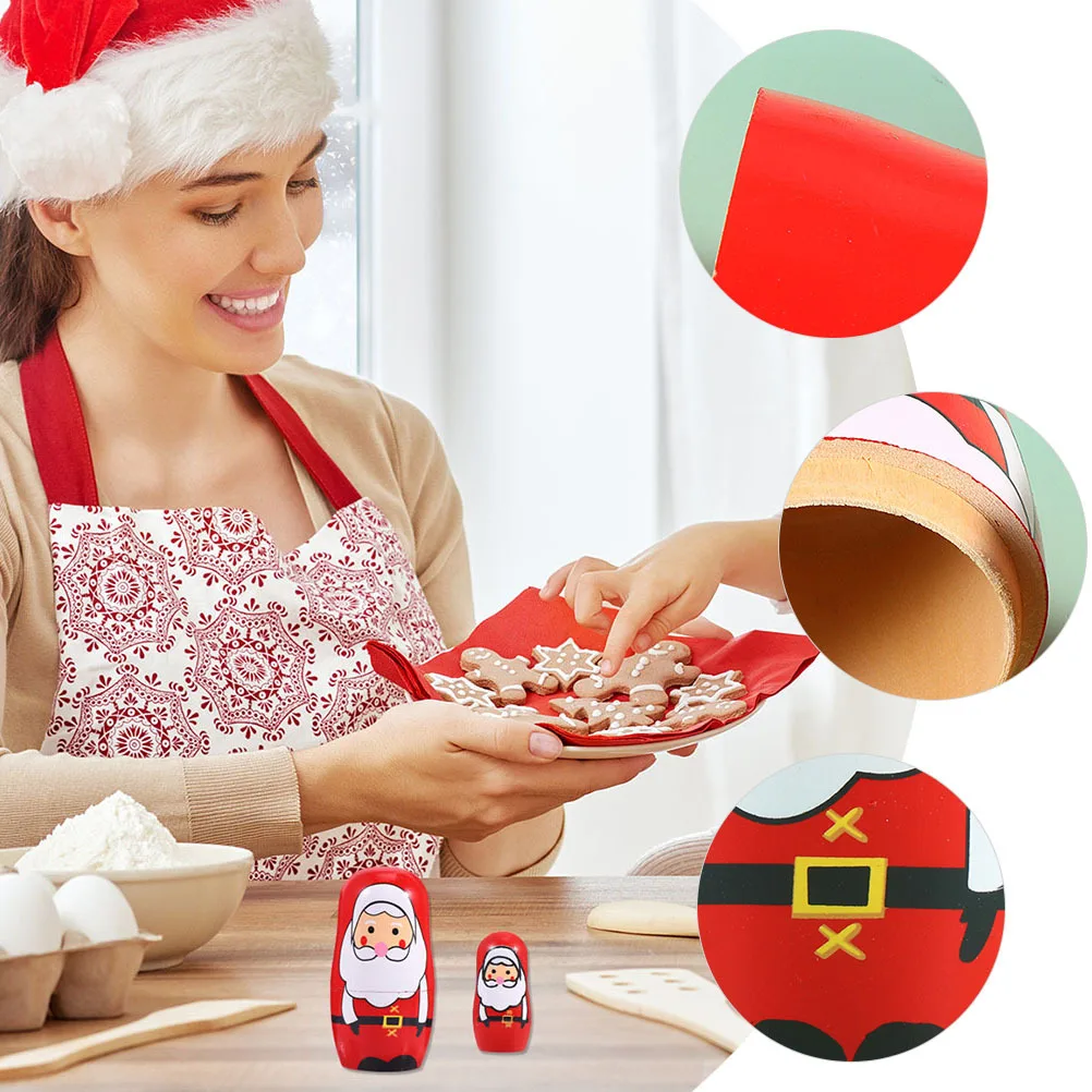 

1Set Wood Xmas Russian Nesting Santa Claus 5-Layer Christmas Decoration Home Party Ornament Cartoon Nesting
