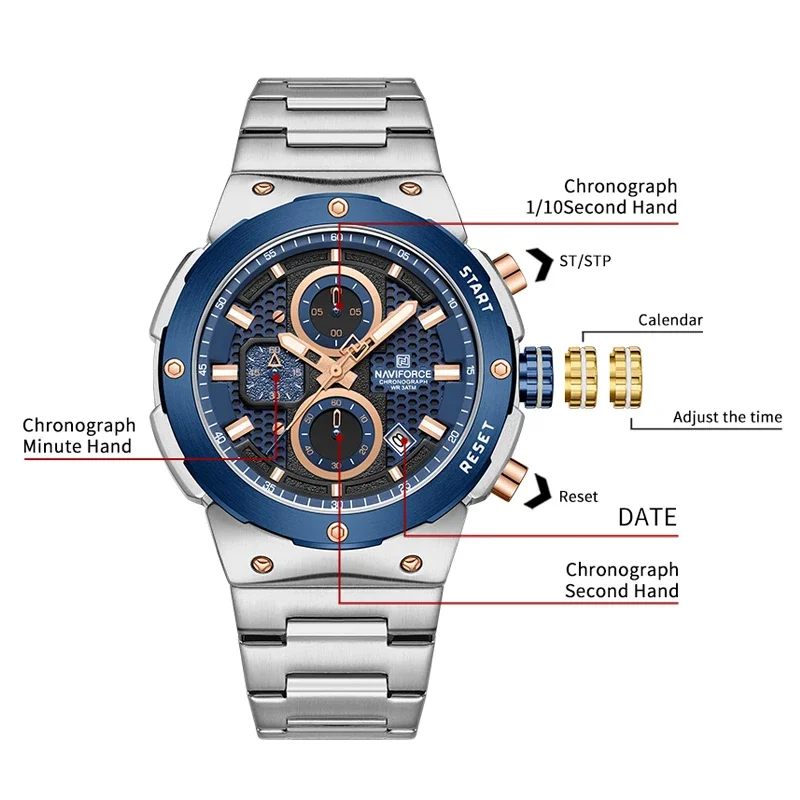 Nuovo stile NAVIFORCE cinturino in acciaio inossidabile da uomo cronografo orologio casual selvaggio impermeabile per uomo sportivo orologio da polso maschile al quarzo