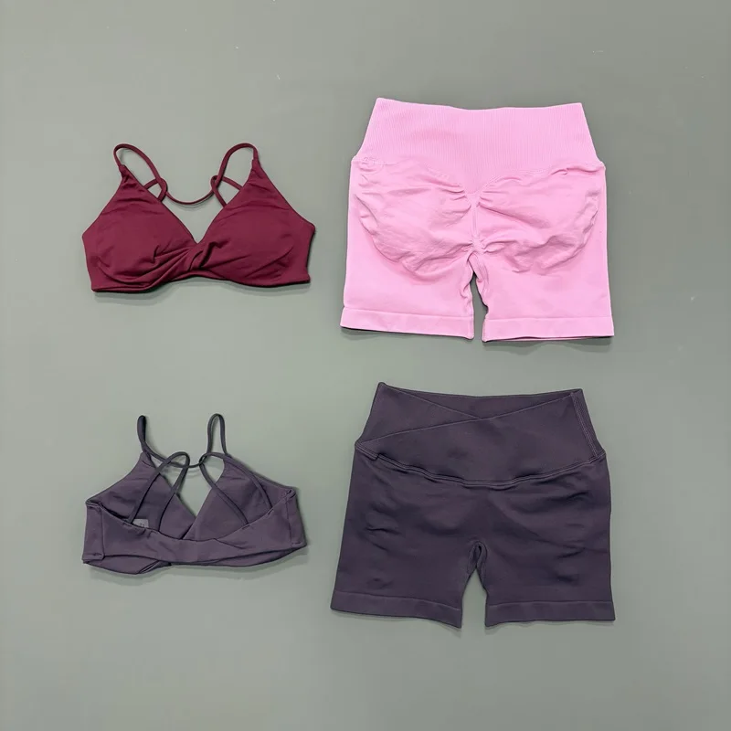 2 Piece Women Gym Set Seamless Vision Twist Front Sports Bra Yoga Suit Scrunch Butt Cross Waist Shorts Fitness Workout Sets