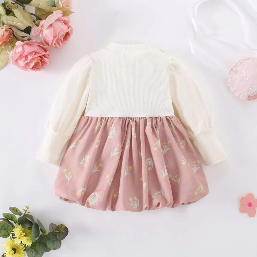 Spring and Autumn Baby Girl Dress Girls Long Sleeve Top with Splicing Bow Flower Print Elastic Strap Dress Fake Two Piece Set