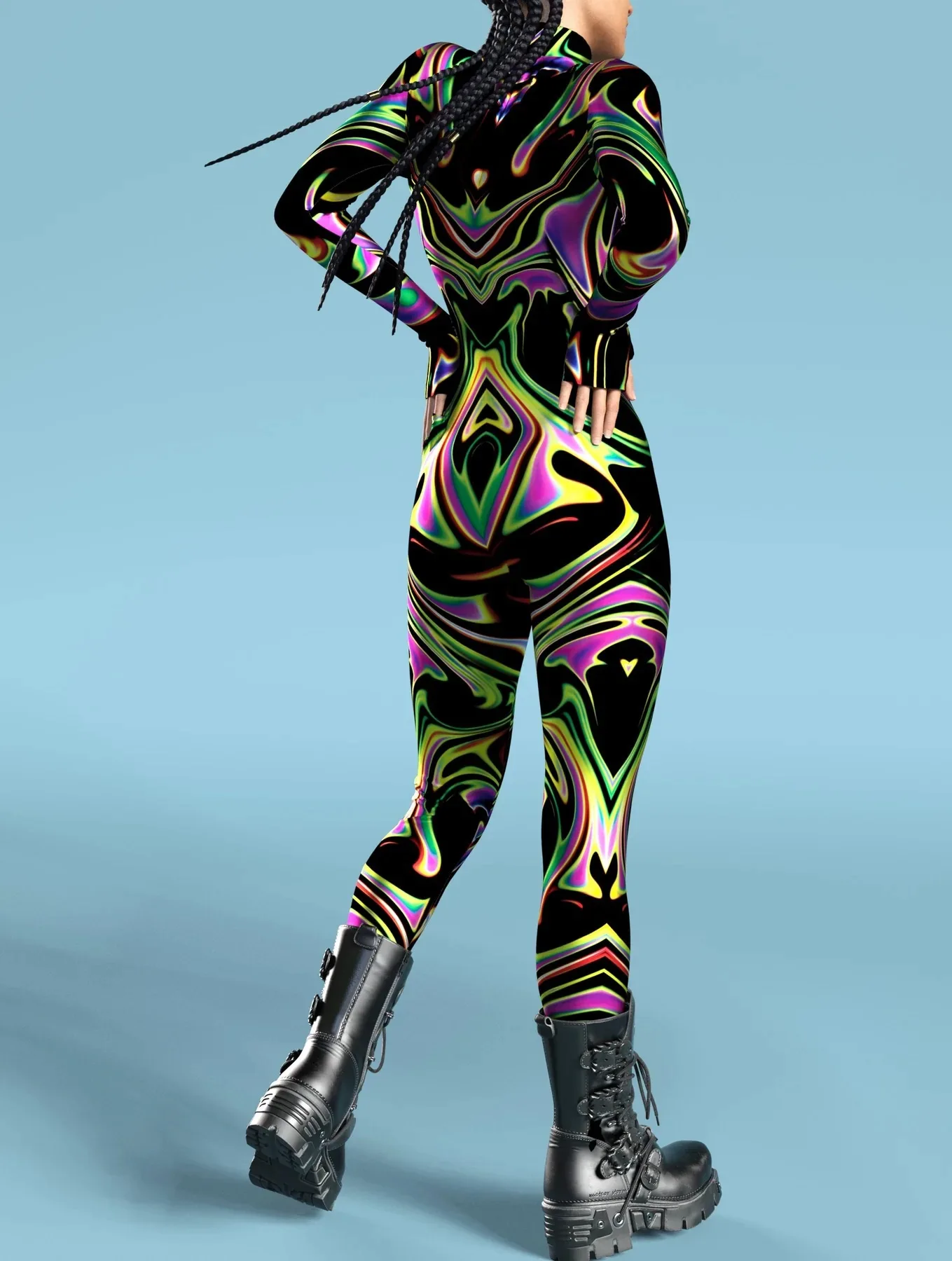 Damen Mehrfarbiger 3D-Druck Festtagsparty Regenbogen Sexy Enger Bodysuit Punk Cosplay Kostüm Performance Romper – Detail 16