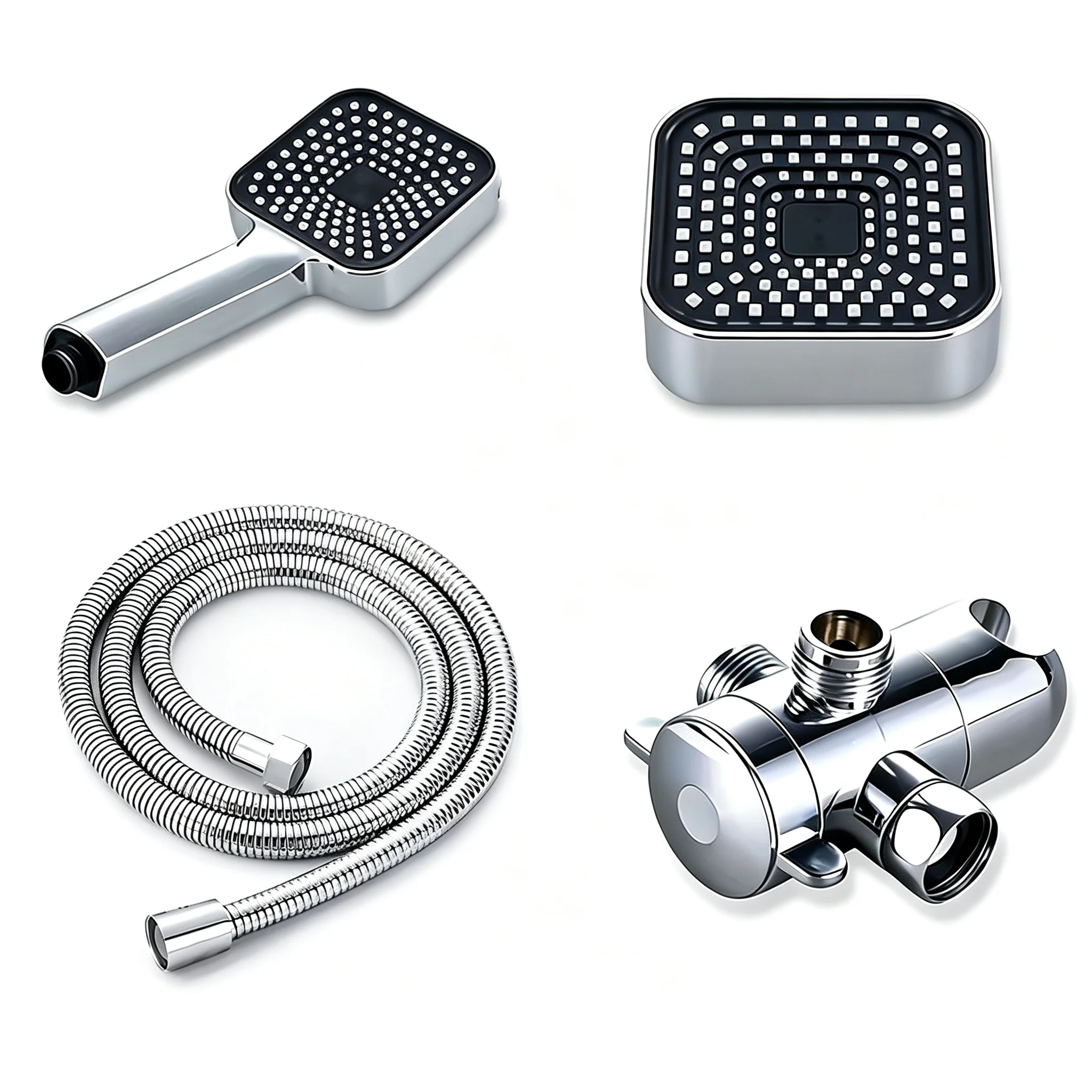 Modernes Doppel-Quadrat-Duschkopf-Set zur Wandmontage mit Hochdurchfluss-Multisprühsystem, Drehbarem Halter, Flexiblem Schlauch und Verstopfungsfreier Düse – Detail 6