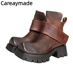 Careaymed-buty damskie z prawdziwej skóry Retro spalone na ogień buty zimowe/wiosenne wyszczuplające duża główka grube krótkie buty