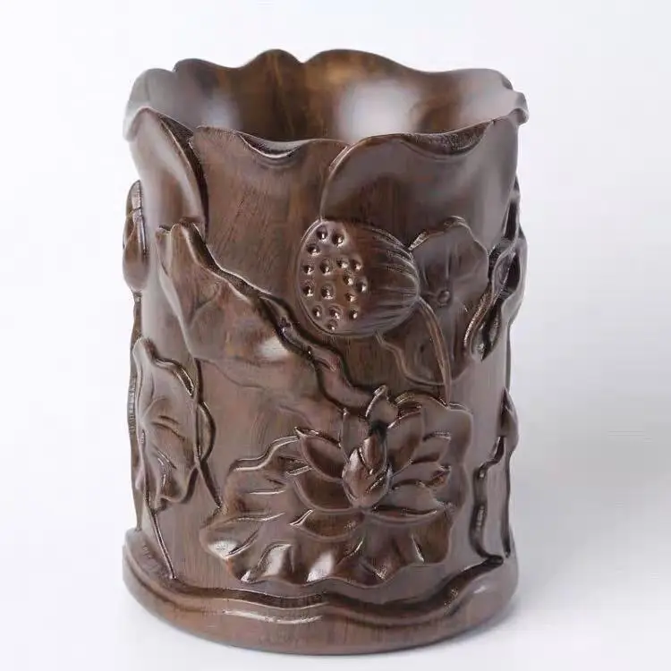 Vintage Ebony Wood Carved Lotus Flower Pen Holder Traditional Lucky Mascot Home Office Desk Ornament Statue