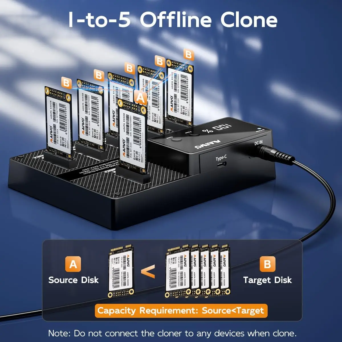 MAIWO 6 Bay mSATA SSD Case Support 1-to-5 High Speed Offline Clone Machine SSD Docking Station Support 12TB Capacity 5Gbps speed
