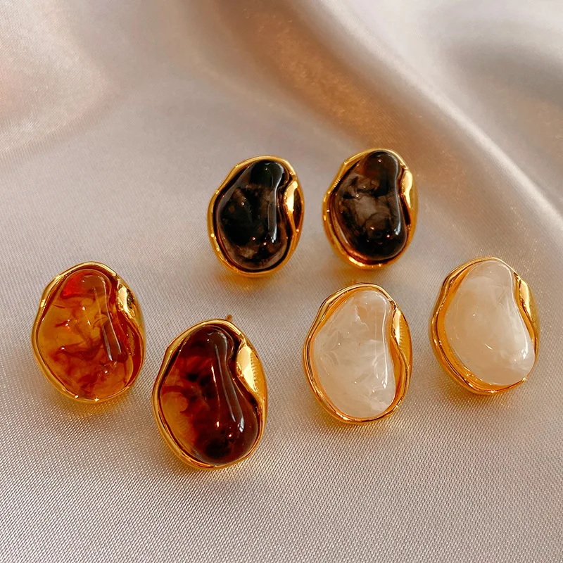 Maillard French Amber Color Irregular Geometric Stones Stud Earrings for Women Simple Unique Girl Jewelry Christmas Gift