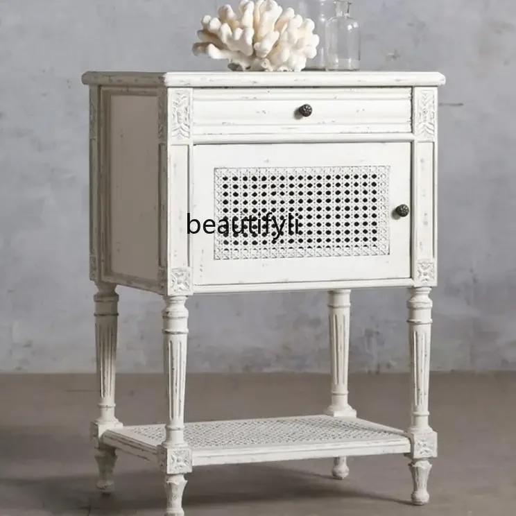 

American retro and old, bedside table French antique rattan art storage cabinet, European rattan storage cabinet6005