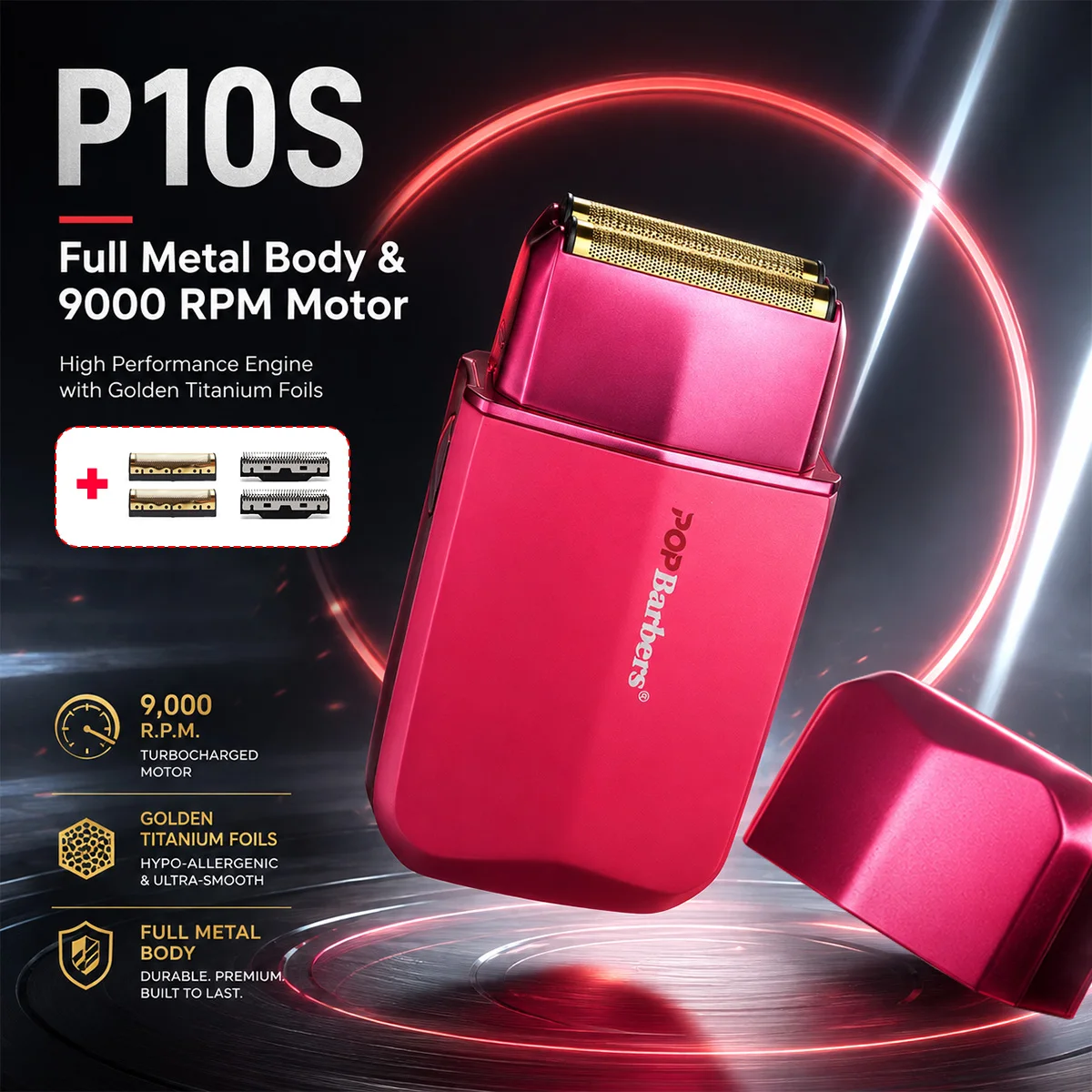POPBarbers P10S Professional Mens Electric Shaver Double Foil 9000RPM Full Metal with Bag Cordless Reciprocating Shaving Machine