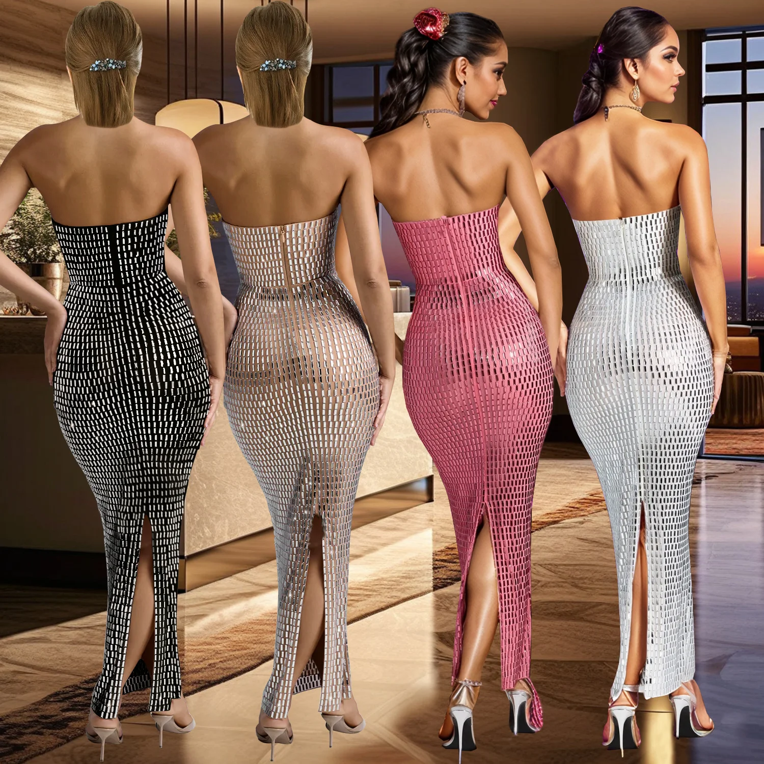 Einfarbiges, ärmelloses Röhrenoberkleid mit Strasssteinen