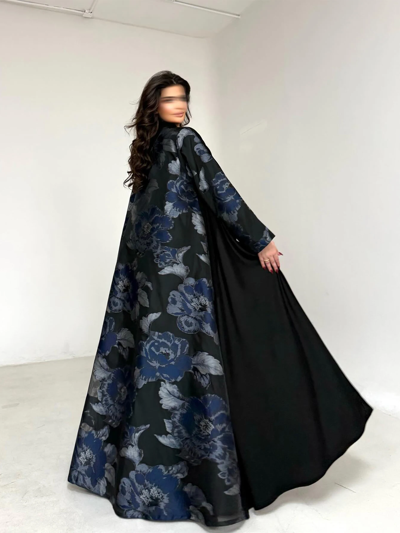 

Women's Black Floral Print Abaya, Loose Long-Sleeved Elegant Arab Robe